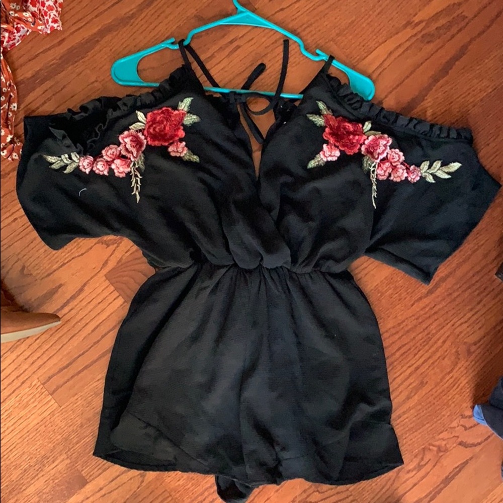 Black romper with floral patching- Pitaya